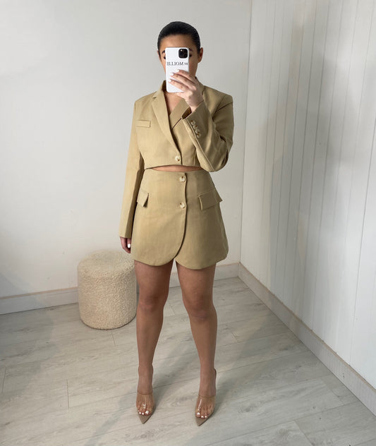 BEIGE CROP BLAZER AND MINI SKIRT CO-ORD