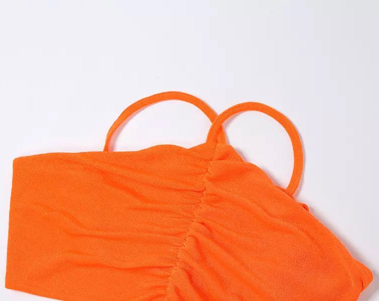ORANGE SHEER RUCHED CROP TOP AND SPLIT BACK MIDI SKIRT