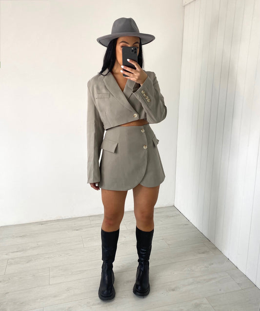GREY CROP BLAZER AND MINI SKIRT CO-ORD