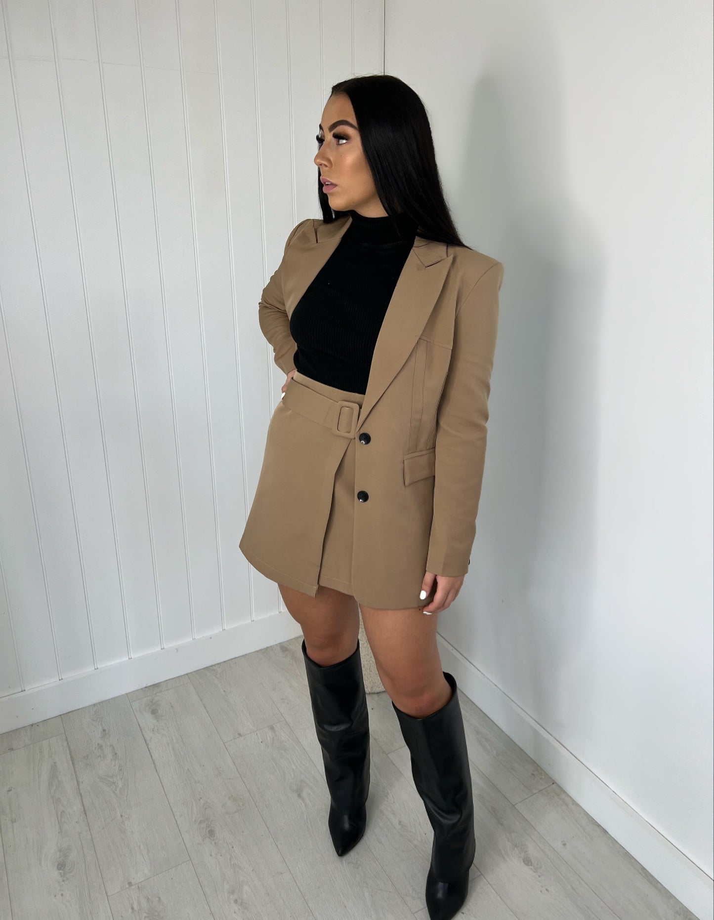 CAMEL FITTED BLAZER AND BELTED MINI SKIRT CO-ORD