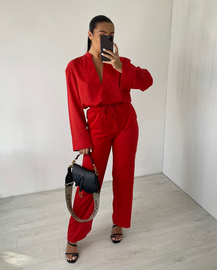 RED V-NECK BLOUSE AND FLARE TROUSER CO-ORD