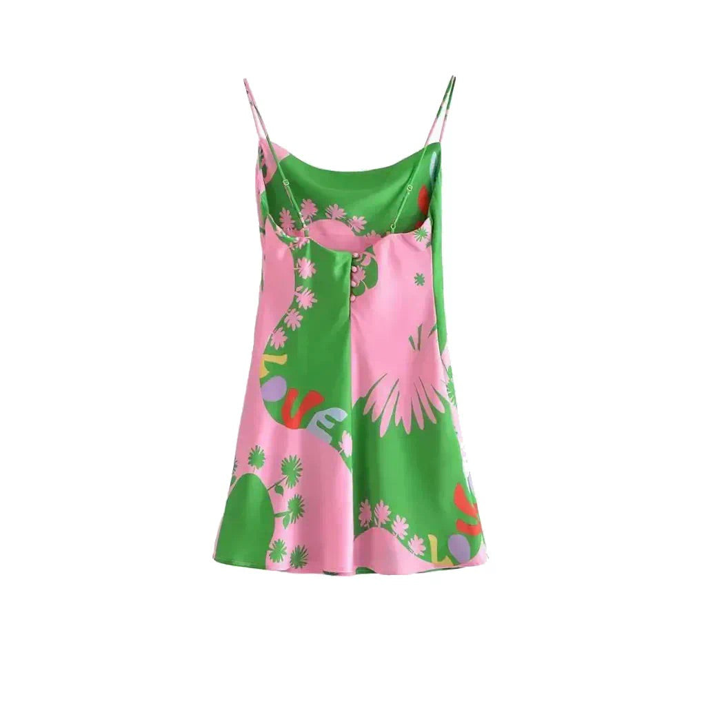GREEN AND PINK PRINTED SATIN MINI DRESS