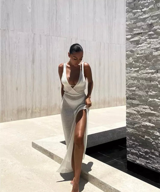 WHITE KNIT ASYMMETRIC BEACH COVER UP