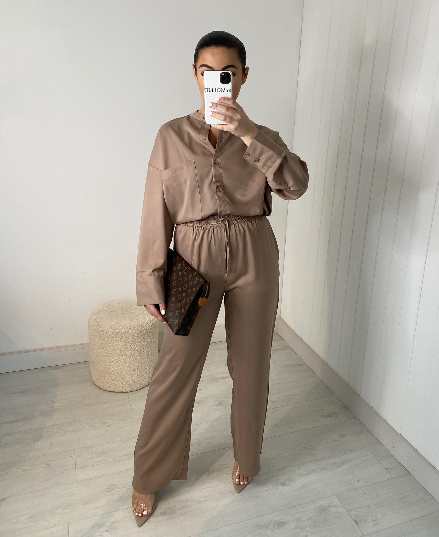 TAUPE SATIN OVERSIZED SHIRT AND TROUSER CO-ORD