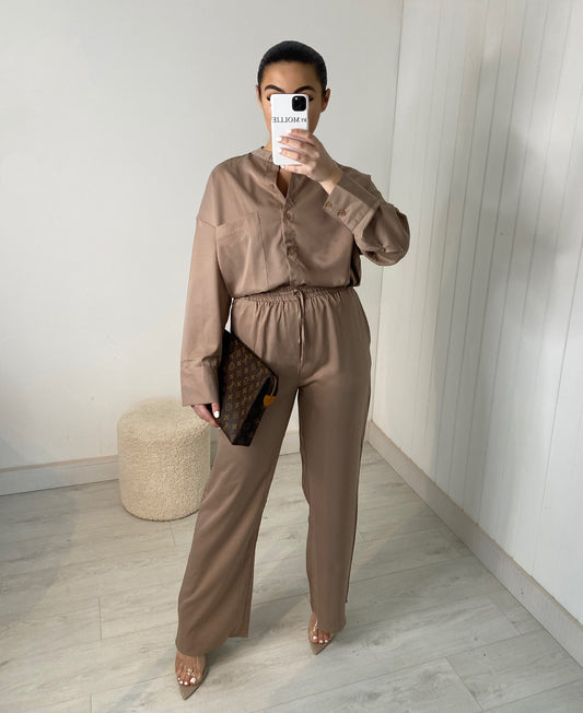 TAUPE SATIN OVERSIZED SHIRT AND TROUSER CO-ORD