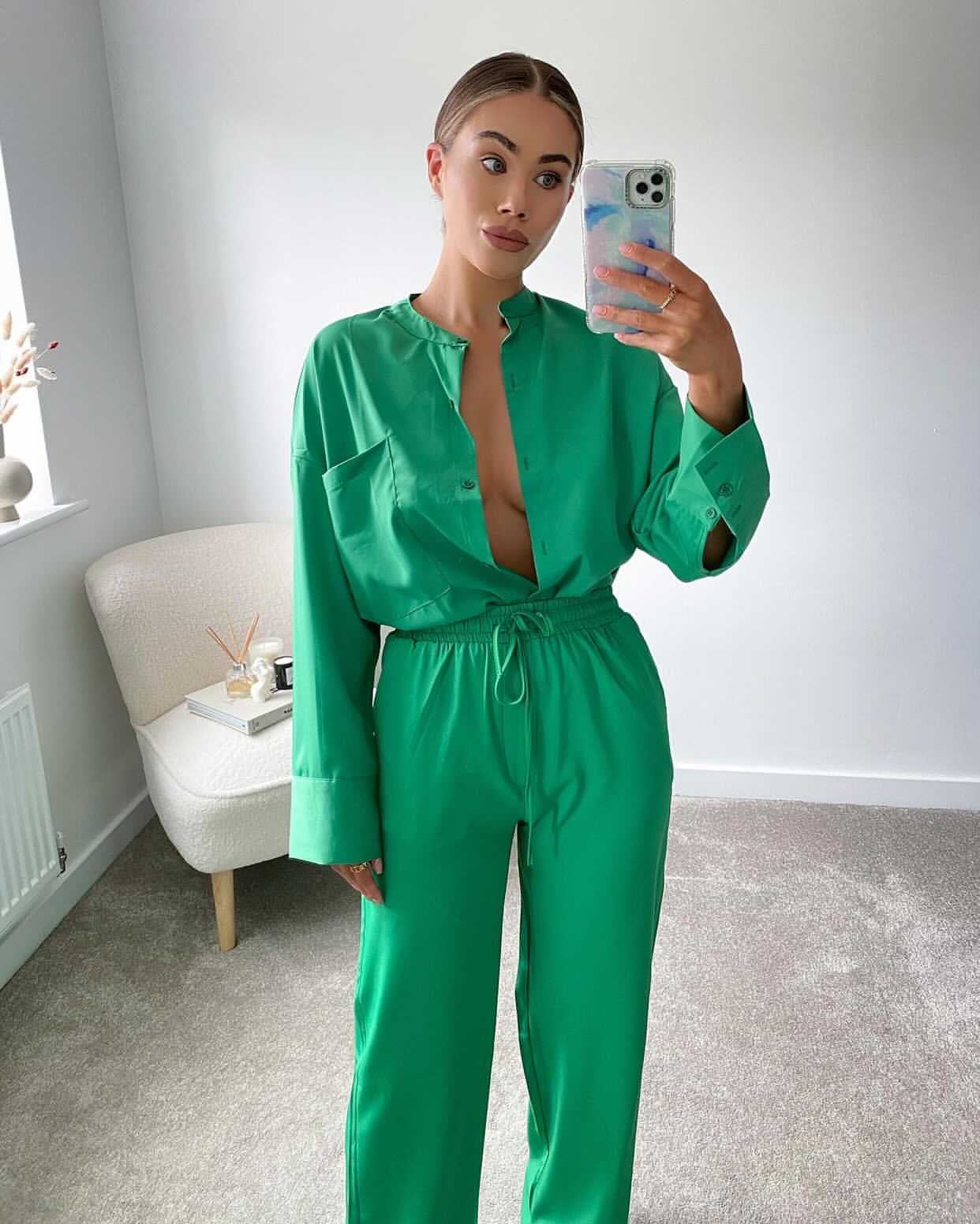GREEN SATIN OVERSIZED SHIRT AND TROUSER CO-ORD