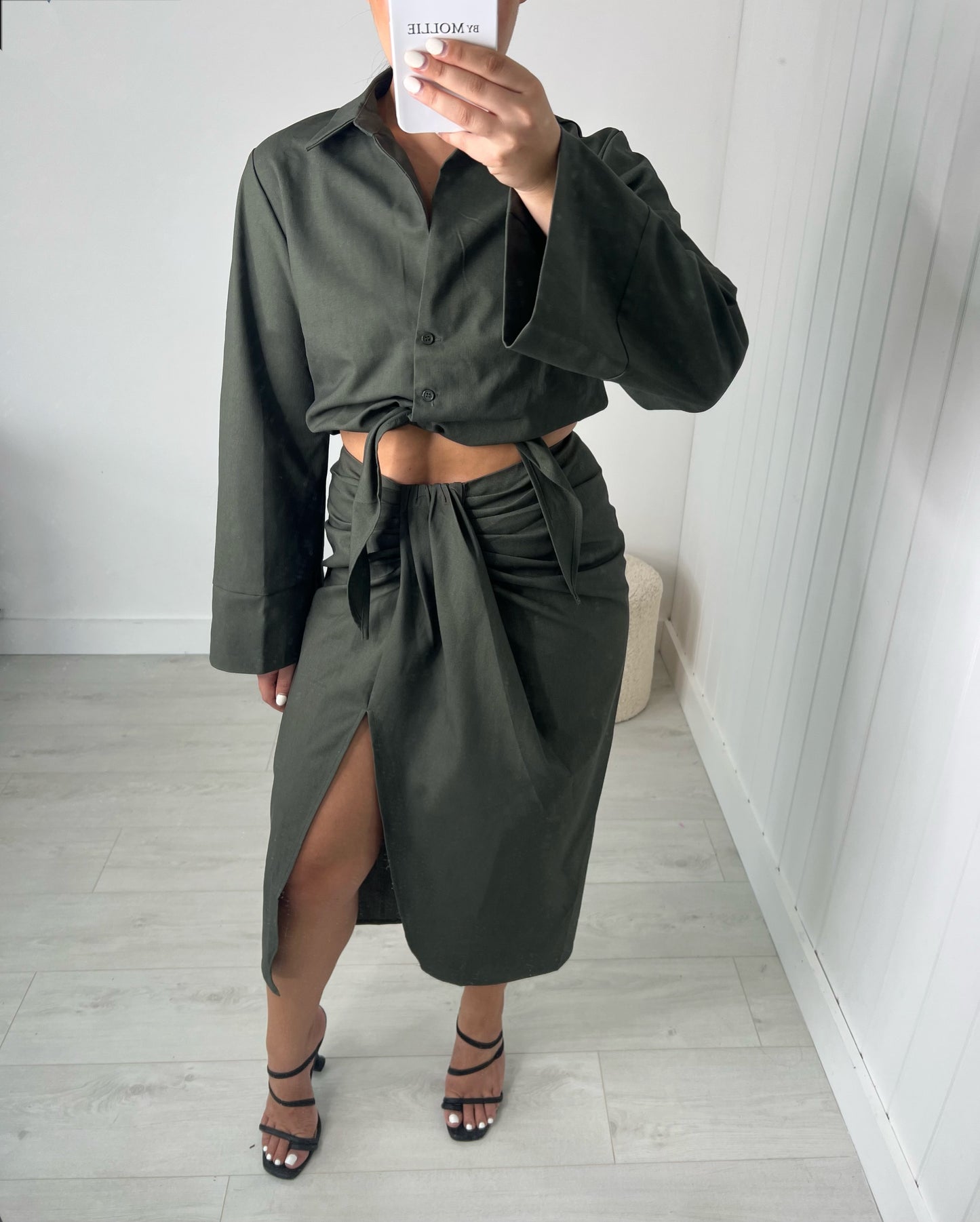 KHAKI WIDE SLEEVE SHIRT AND SPLIT MIDI SKIRT CO-ORD