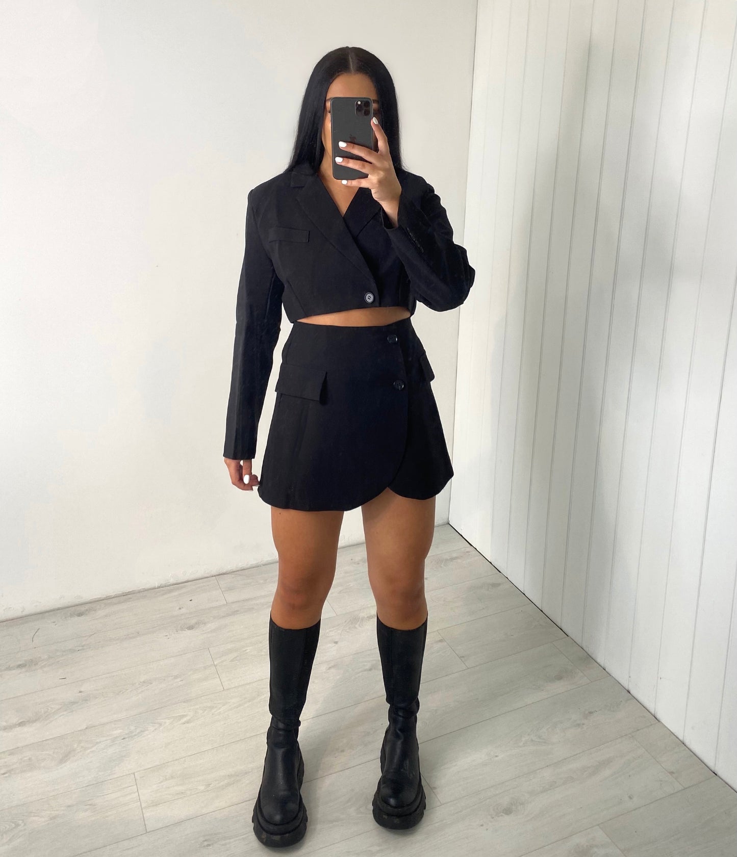 BLACK CROP BLAZER AND MINI SKIRT CO-ORD