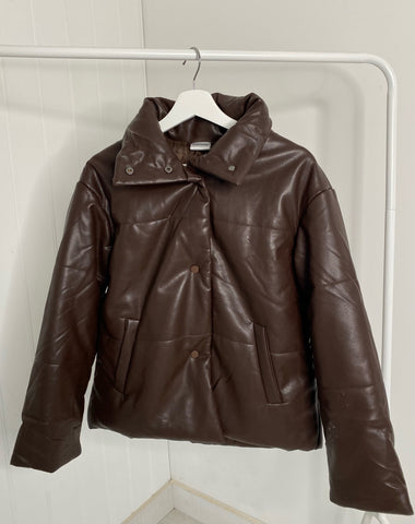 BROWN FAUX LEATHER PUFFER COAT